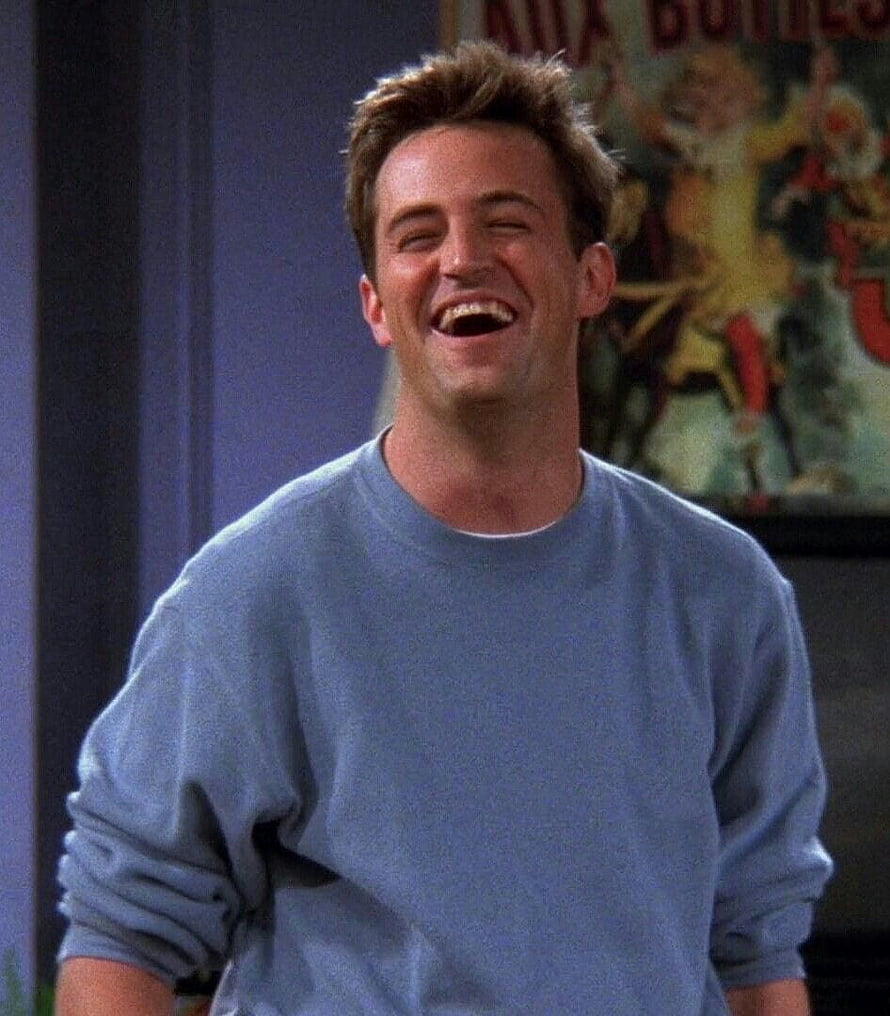 Chandler Bing from Friends laughing in a blue sweatshirt HD phone wallpaper