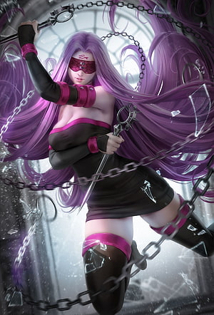 Rider Medusa from Fate Stay Night wielding a chain whip in a dark gothic setting HD phone wallpaper