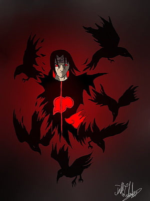 Itachi Uchiha in Akatsuki Robe Surrounded by Crows on Dark Red Background HD phone wallpaper