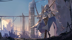 Honkai Star Rail Character Standing in Ruined Cityscape at Sunset HD wallpaper