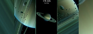 Saturn with rings and asteroids in deep space, teal and gold tones, dark cosmic scene HD wallpaper