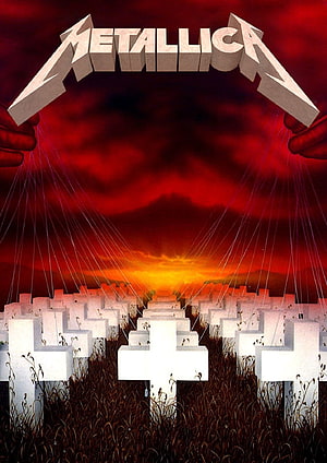 Metallica Master of Pumps Album Artwork with Puppeteered Crosses and Red Sky HD phone wallpaper