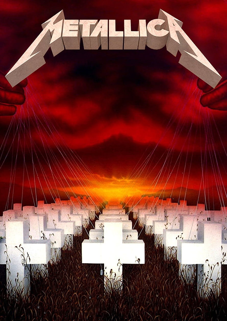 Metallica Master of Pumps Album Artwork with Puppeteered Crosses and Red Sky HD phone wallpaper