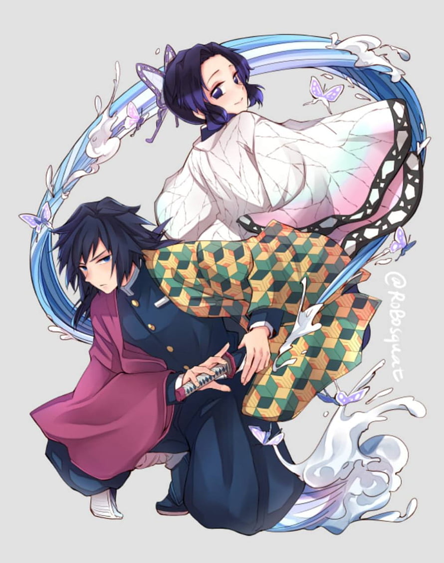 Demon Slayer Shinobu and Giyuu Anime Character Illustration with Butterfly Motifs HD phone wallpaper