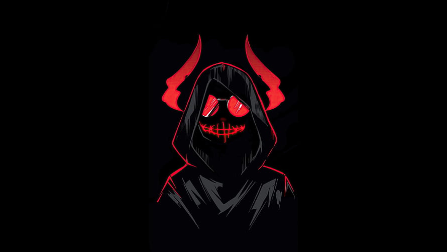 Glowing Red Devil Boy with Horns and Grin in Dark Hooded Illustration HD wallpaper