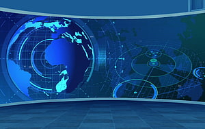 Futuristic Blue TV News Studio Set with Digital Globe and Data Visualization Screens HD wallpaper