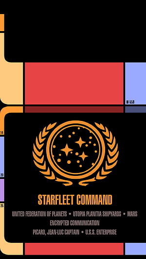 Star Trek LCARS Interface Design with Starfleet Command Emblem and U.S.S. Enterprise Details HD phone wallpaper