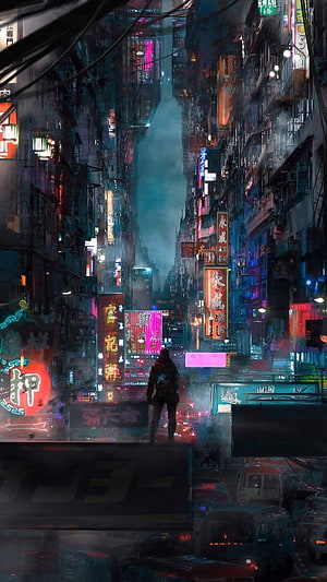 Lone Figure in Neon-Lit Cyberpunk Cityscape with Dense Asian Signage HD phone wallpaper