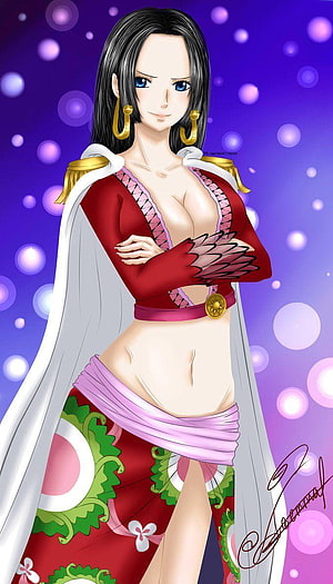 Boa Hancock Anime Character in Red Outfit with White Cape and Gold Earrings HD phone wallpaper