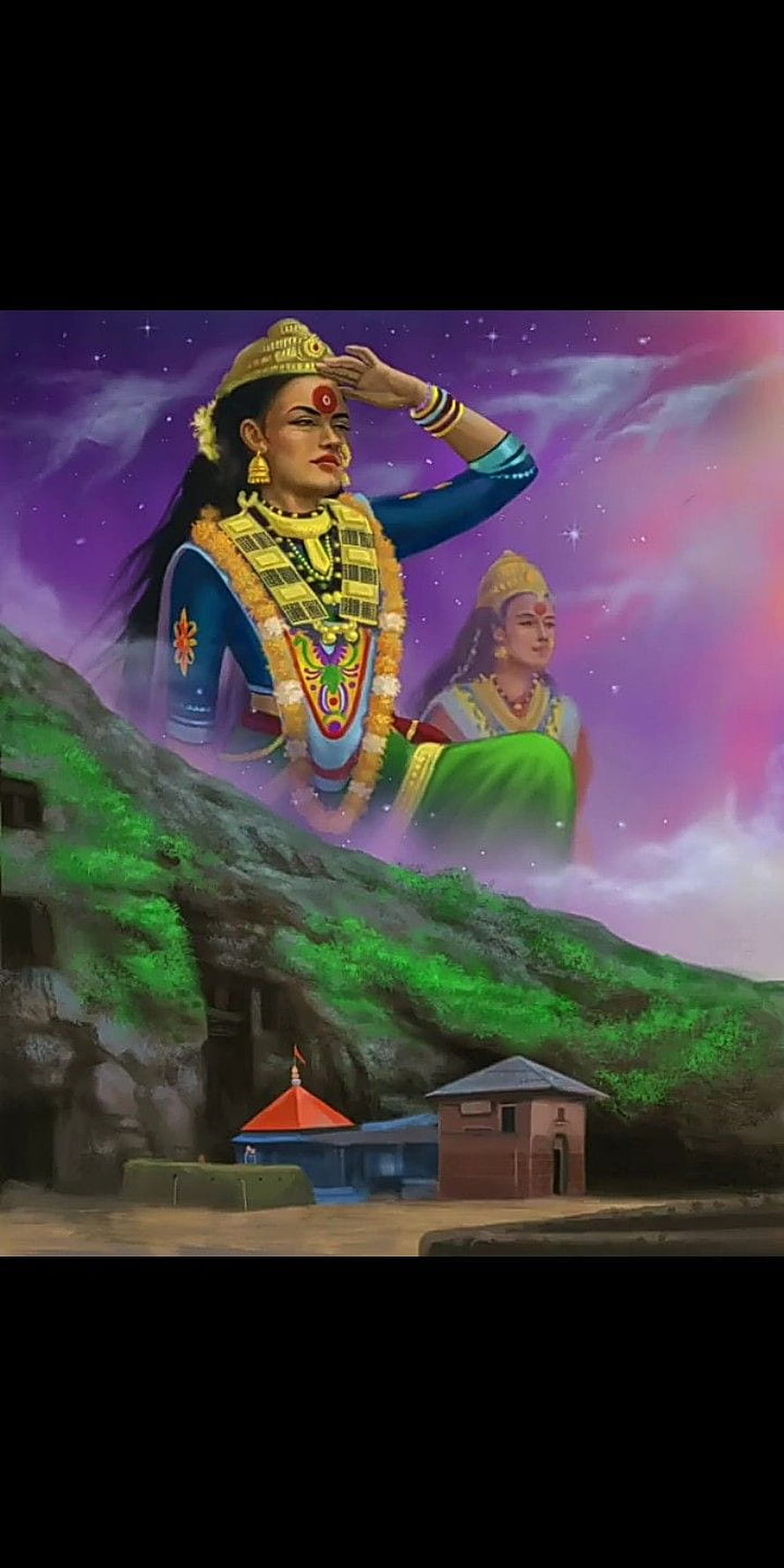 Ekvira Aai Devotional Painting with Traditional Attire and Starry Sky HD phone wallpaper