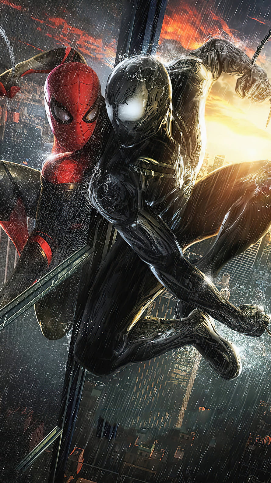 Spider-Man and Venom Symbiote Suit Swinging Through Rainy Cityscape HD phone wallpaper