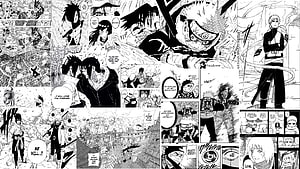 Naruto Manga Panel Collage Featuring Naruto and Sasuke in Black and White Comic Art HD wallpaper