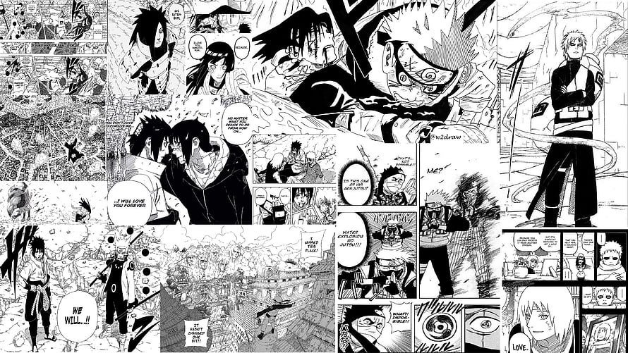 Naruto Manga Panel Collection Featuring Naruto and Sasuke in Black and White Comic Art HD wallpaper
