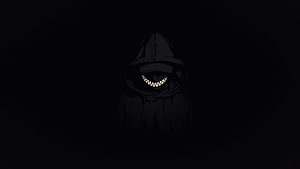 Dark Hooded Figure with Glowing Grin in Minimalist Anime Style HD wallpaper