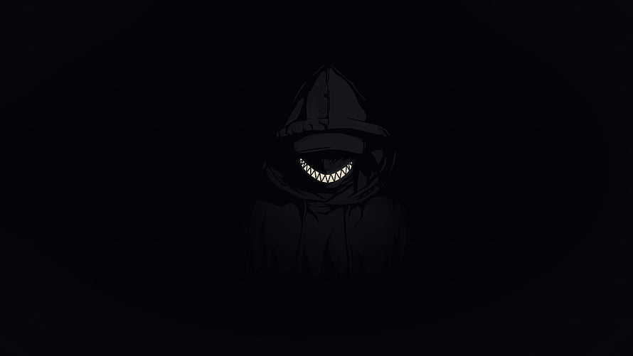 Dark Hooded Figure with Glowing Grin in Minimalist Anime Style HD wallpaper