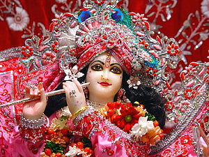 Ornate Radha Krishna Murti with Peacock Crown and Floral Garland HD wallpaper