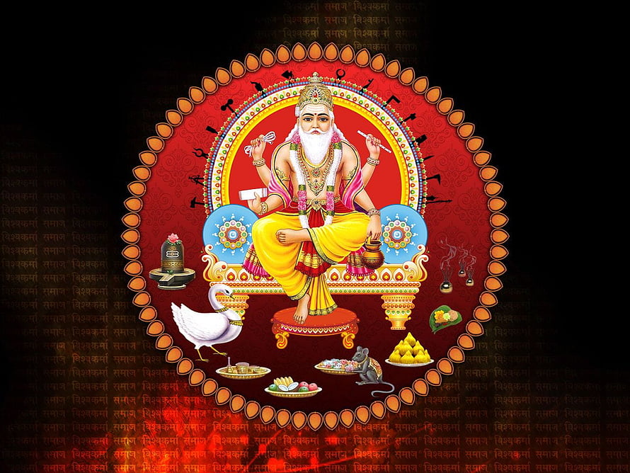 Lord Vishwakarma deity illustration with sacred tools, swan, and offerings on a red mandala background HD wallpaper
