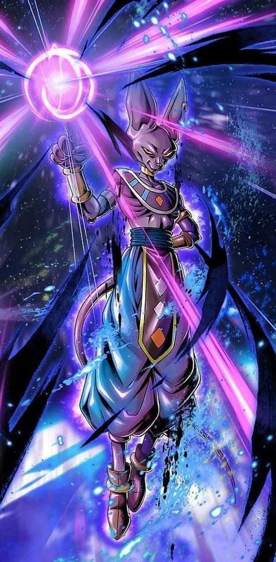 Beerus from Dragon Ball channeling cosmic energy in a vibrant anime illustration HD phone wallpaper