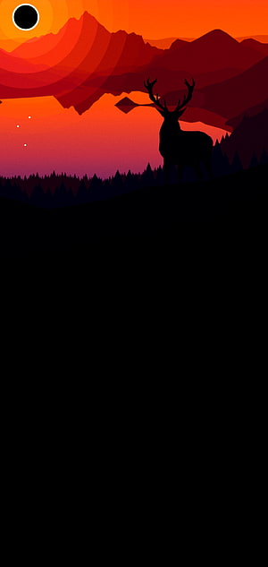 Stylized Deer Silhouette Against Vibrant Sunset Mountain Landscape HD phone wallpaper