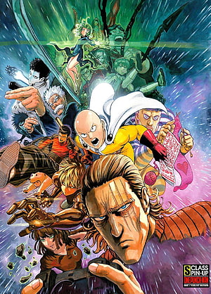 One Punch Man S-Class Pin-Up Illustration Featuring Saitama and Hero Roster HD phone wallpaper
