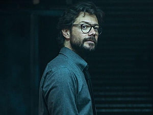 The Professor from Money Heist in a moody dark portrait with glasses and beard HD wallpaper