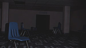 Dark Liminal Space Interior with Blue Chairs and Patterned Floor HD wallpaper
