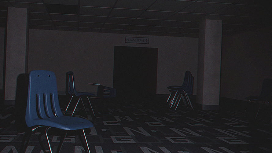 Dark Liminal Space Interior with Blue Chairs and Patterned Floor HD wallpaper