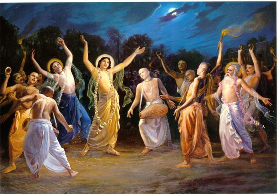 Chaitanya Mahaprabhu Leading Devotees in Nighttime Dance and Celebration HD wallpaper