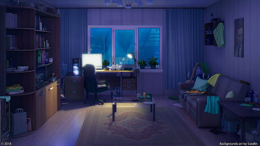 Cozy Anime Apartment Living Room at Night with Desk and City View HD wallpaper
