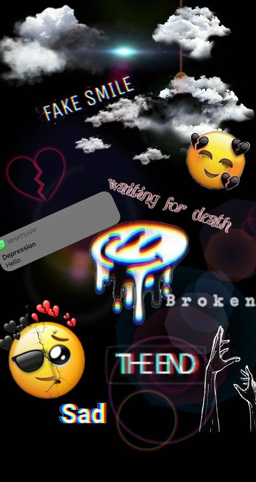 Dark Aesthetic Collage with Sad Emojis, Broken Heart, and Melting Face on Black Background HD phone wallpaper