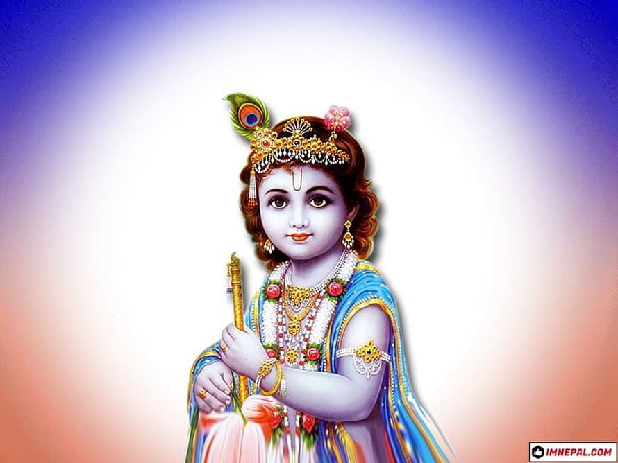 Baby Krishna in ornate jewelry and peacock feather crown for Janmashtami celebration HD wallpaper