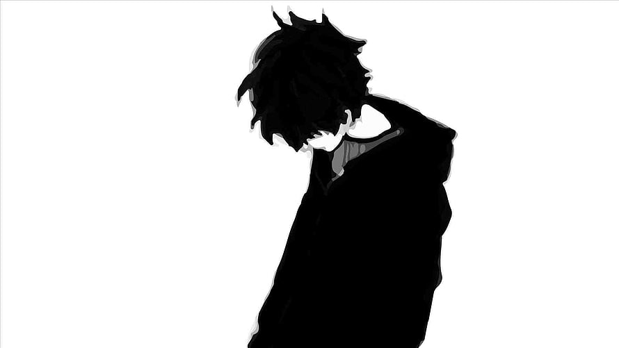 Melancholic Anime Boy Silhouette in Black Hoodie with Head Down HD wallpaper