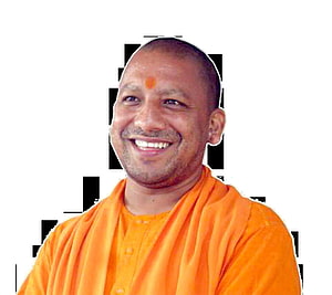 Yogi Adityanath Portrait in Orange Saffron Robes with Tilak HD wallpaper