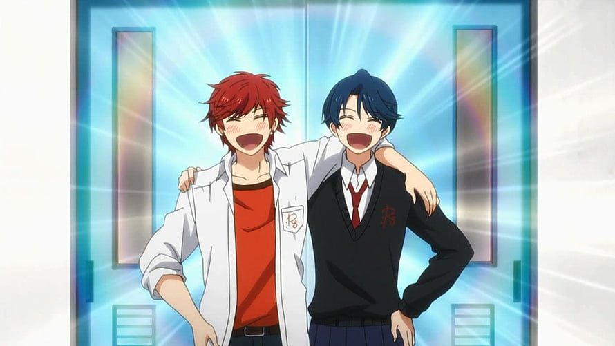 Two Anime Boys Laughing Together in School Uniforms with Bright Background HD wallpaper