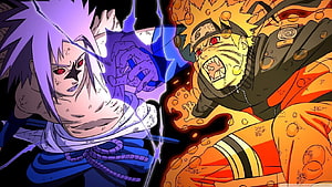 Naruto and Sasuke Epic Anime Battle Scene with Chakra Effects HD wallpaper
