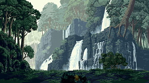 Pixel Art Rainforest Waterfall Scene with Lush Jungle and Rocky Cliffs HD wallpaper