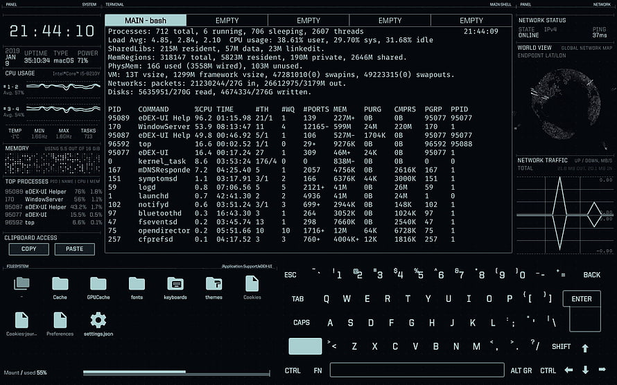 eDEX-UI Hacker Terminal Interface with System Monitor and Virtual Keyboard HD wallpaper