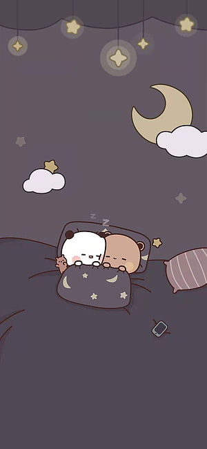 Cute Sleeping Panda and Bear Couple Under Starry Night Sky with Crescent Moon HD phone wallpaper
