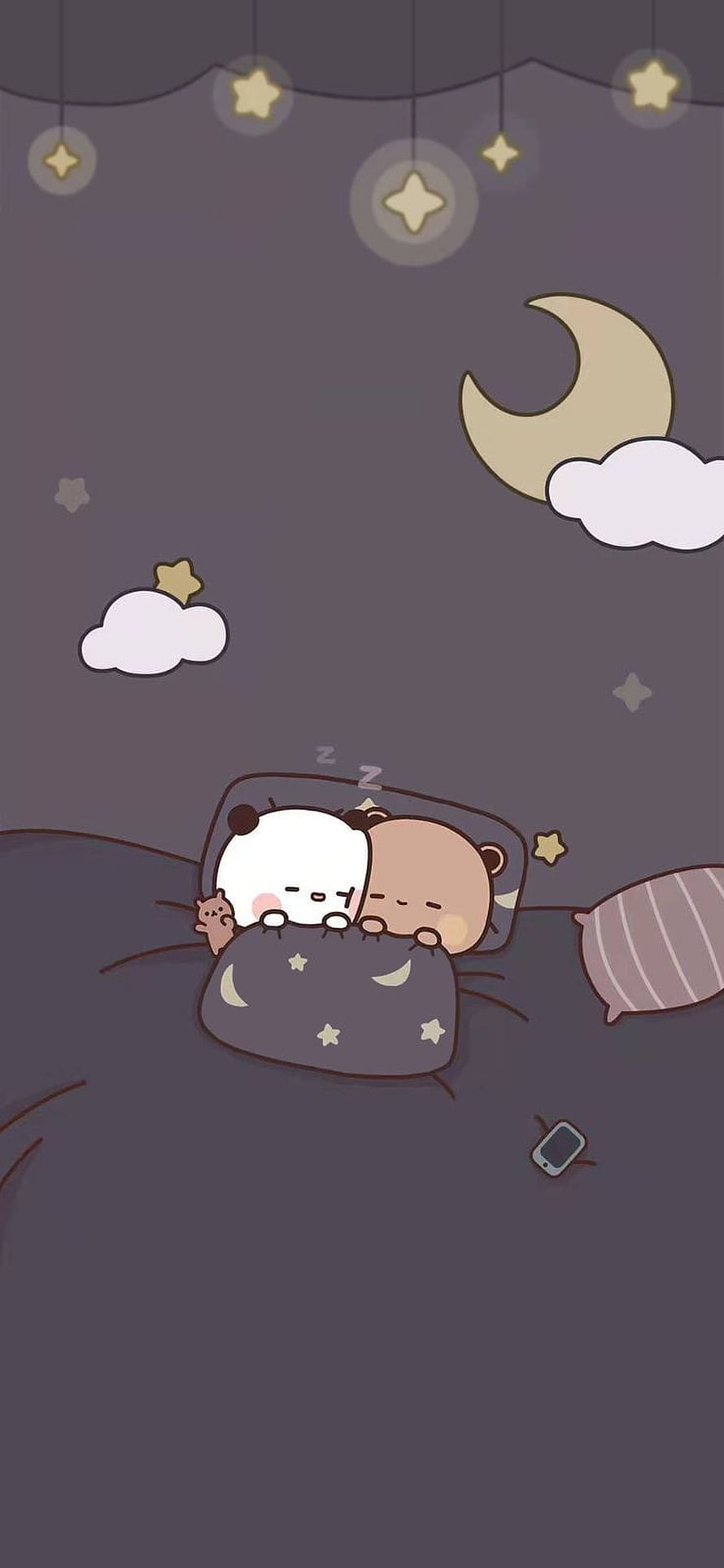 Cute Sleeping Panda and Bear Couple Under Starry Night Sky with Crescent Moon HD phone wallpaper