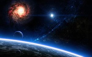 Cosmic Space Scene Featuring a Glowing Galaxy, Distant Star, and Planetary Horizon HD wallpaper