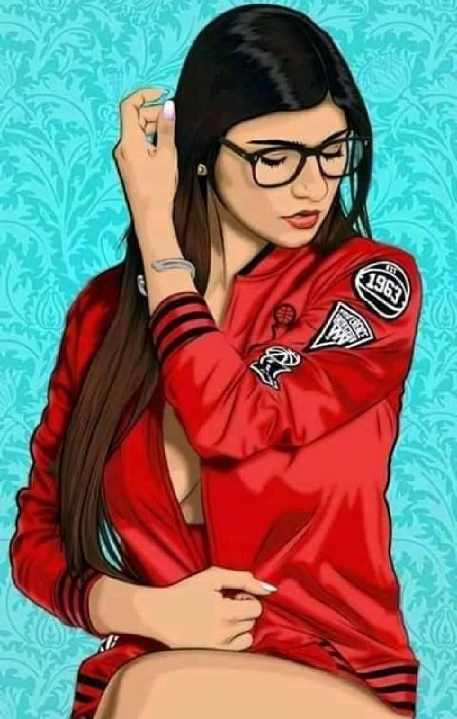 Mia Khalifa Digital Art Portrait in Red Track Jacket and Glasses HD phone wallpaper