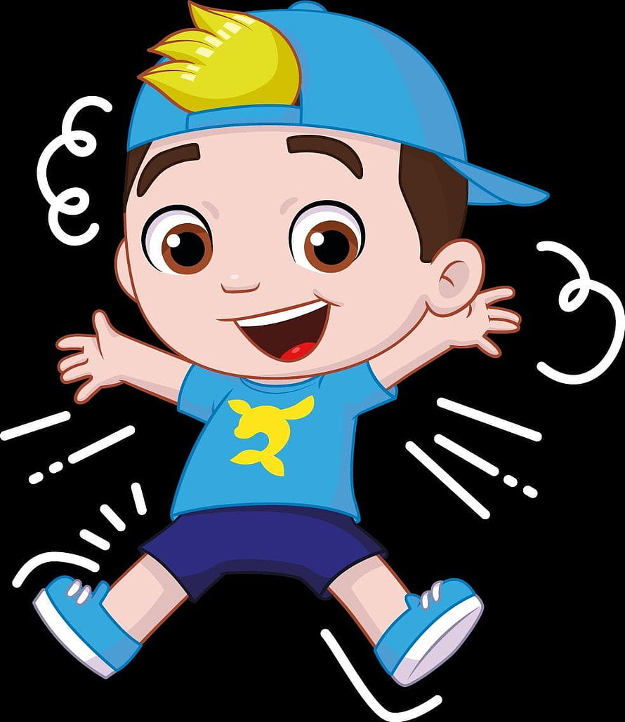 Cheerful Cartoon Boy Jumping with Blue Cap and Dolphin Shirt on Black Background HD phone wallpaper