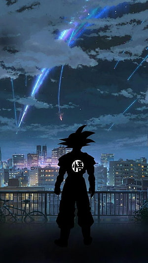 Son Goku Silhouette on Rooftop Gazing at Meteor Shower Over City Skyline HD phone wallpaper