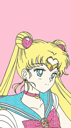 Sailor Moon Anime Character Portrait with Glitter Accents on Pink Background HD phone wallpaper