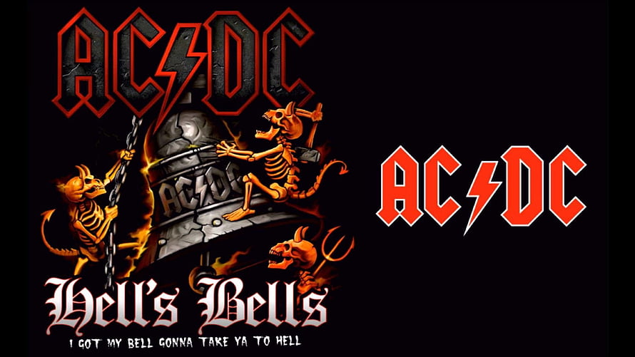 AC/DC Hell's Bells Album Artwork Featuring Skeletons and Fiery Metal Bell HD wallpaper