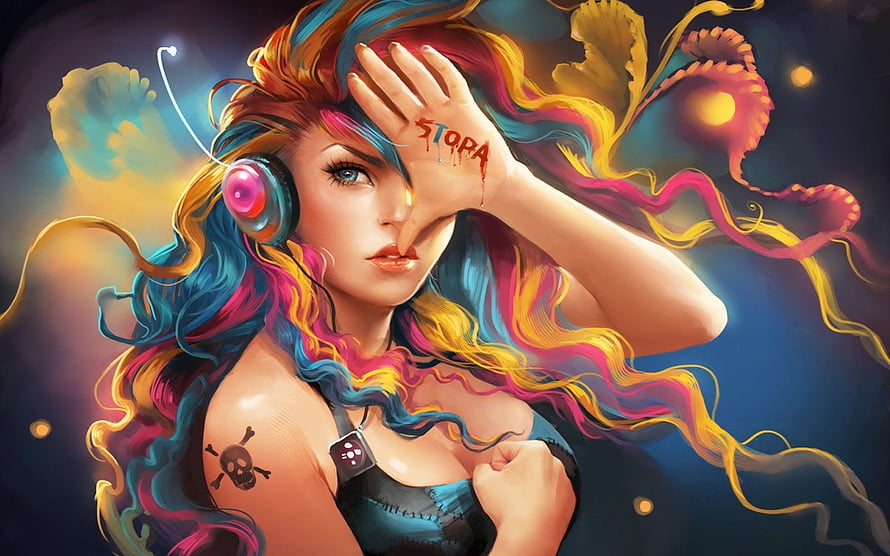 Vibrant Digital Illustration of a Woman with Multicolored Hair and Headphones HD wallpaper