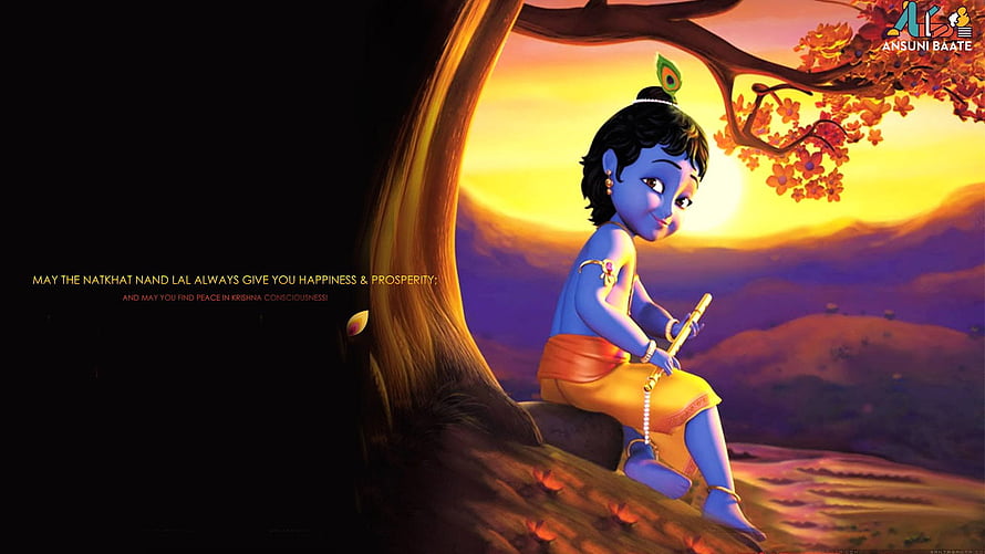 Little Krishna Playing Flute Under a Tree at Sunset HD wallpaper