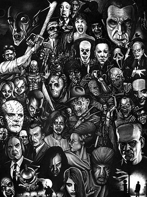 Black and White Horror Movie Villains Collage Featuring Iconic Slasher Characters HD phone wallpaper