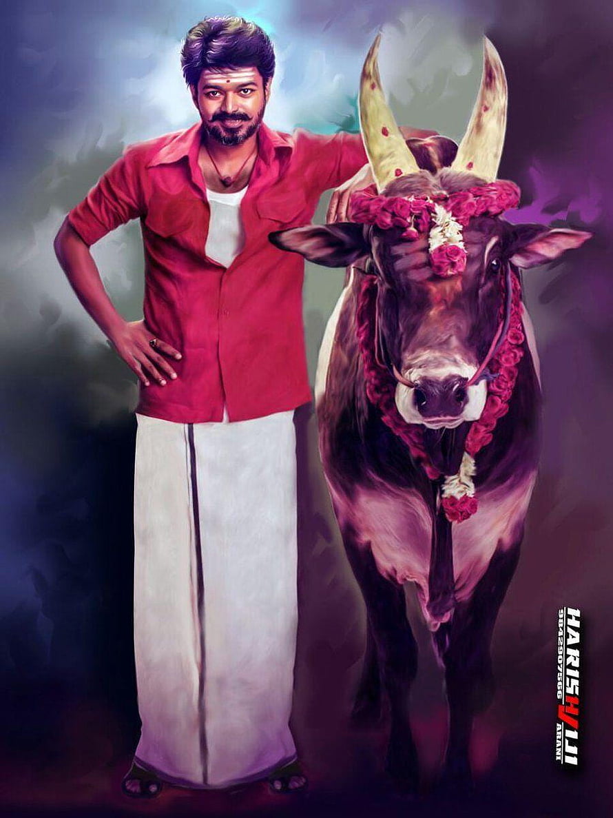 Vijay in Mersal with decorated bull in red shirt and white dhoti digital art HD phone wallpaper