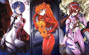 Evangelion Pilot Trio in Plugsuits: Rei, Asuka, and Mari HD wallpaper